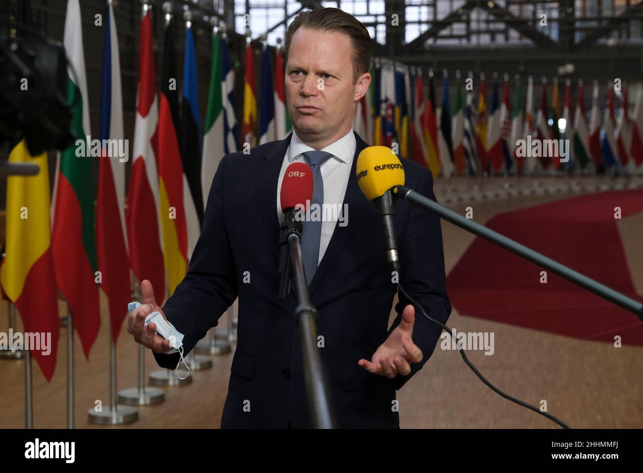 Der dänische Außenminister Jeppe Kofod zu Beginn des Rates der Minister für europäische Angelegenheiten in Brüssel, Belgien. 25th Januar 2022. Kredit: ALEXANDROS MICHAILIDIS/Alamy Live Nachrichten Stockfoto