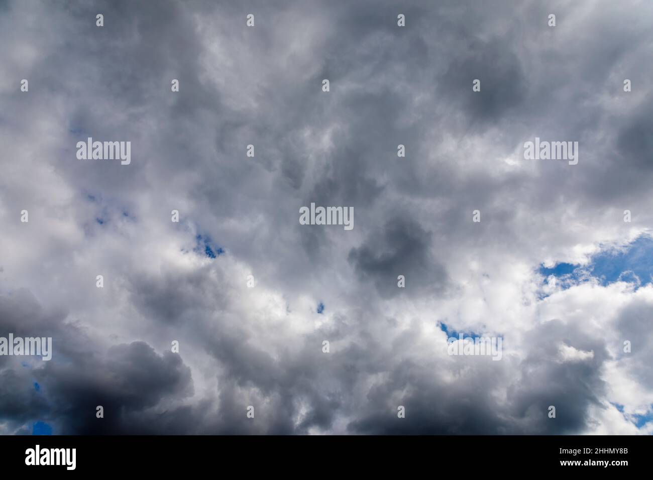 Schwere weiße und graue Wolken sammeln sich vor einem blauen Himmel vor einem Regensturm im Südosten Englands. Aufgenommen mit einem Weitwinkelobjektiv mit 24mm Brennweiten Stockfoto