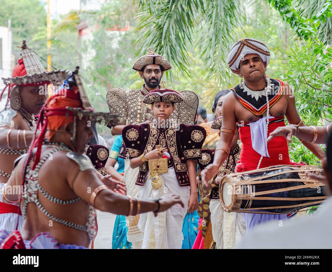 Der Bräutigam, der eine singalesische Hochzeit in Colombo, Sri Lanka, in traditioneller Kandyan-Kleidung anreist. Stockfoto