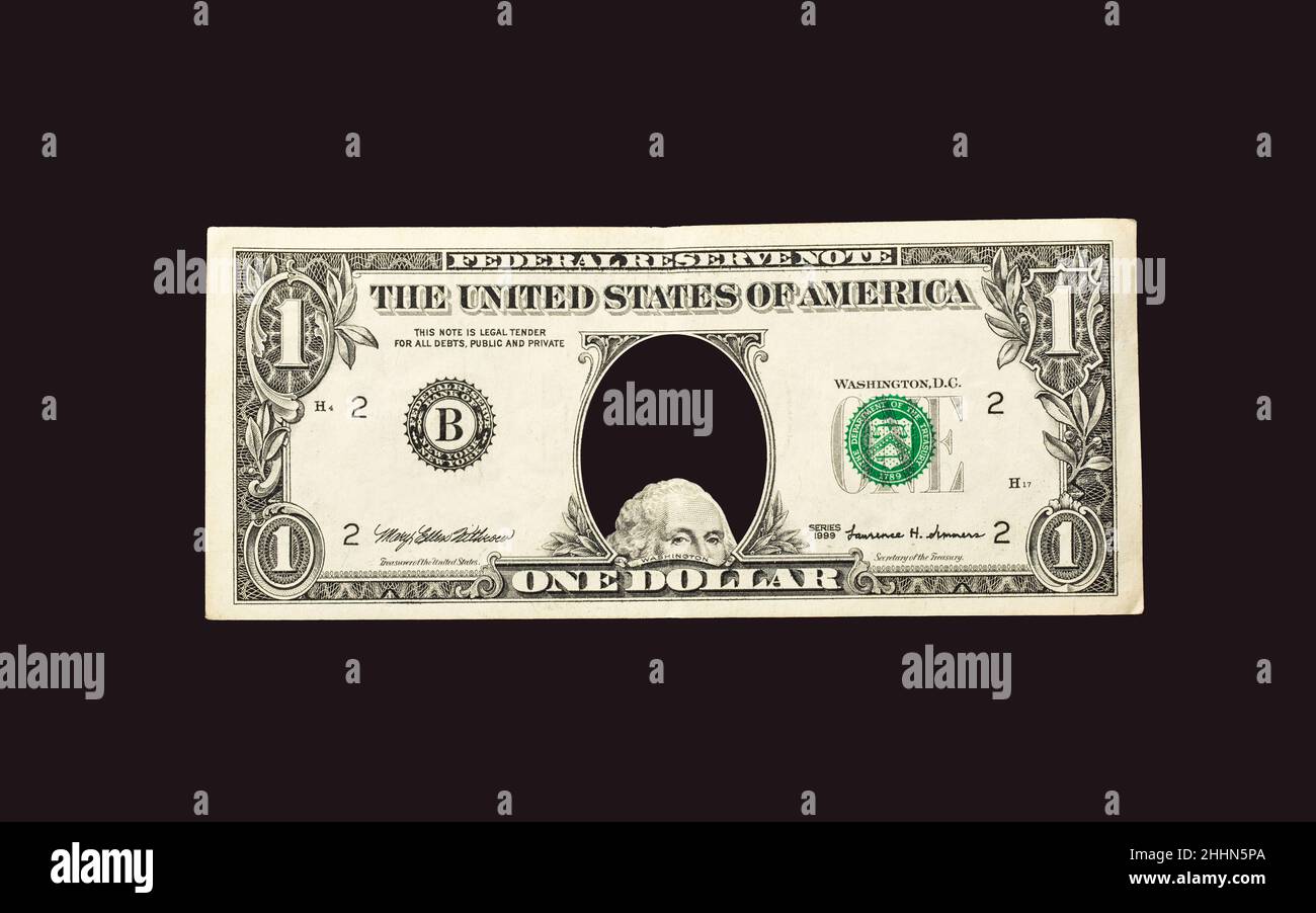 George Washington guckt aus einem Loch in einer US-Dollar-Rechnung. Abbildung des Konzepts „Finanzkrise“ Stockfoto