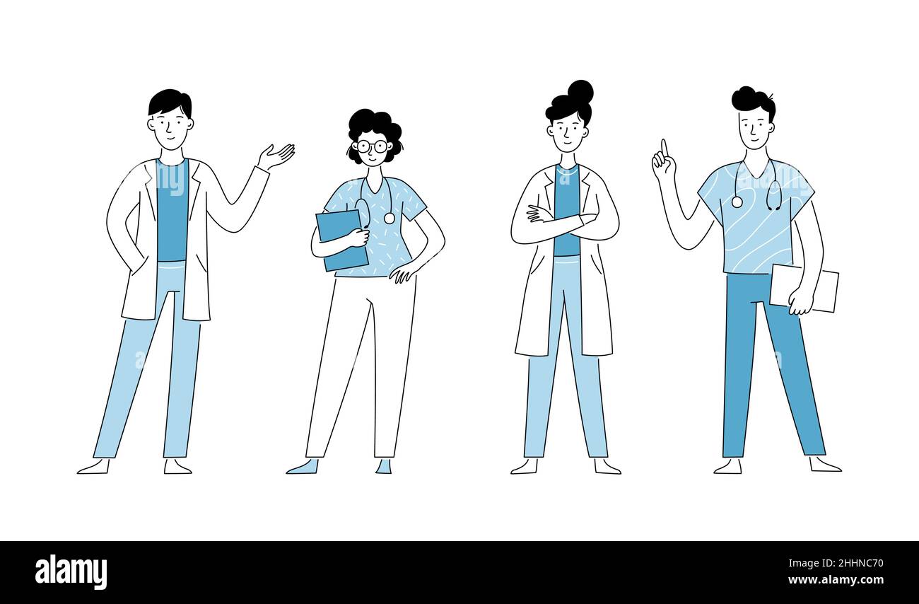Medizinischer Arzt Doodle-Linie Zeichensatz. Ärzteteam. Ärztegruppe und Krankenschwesterngruppe. Vektordarstellung isoliert. Stock Vektor