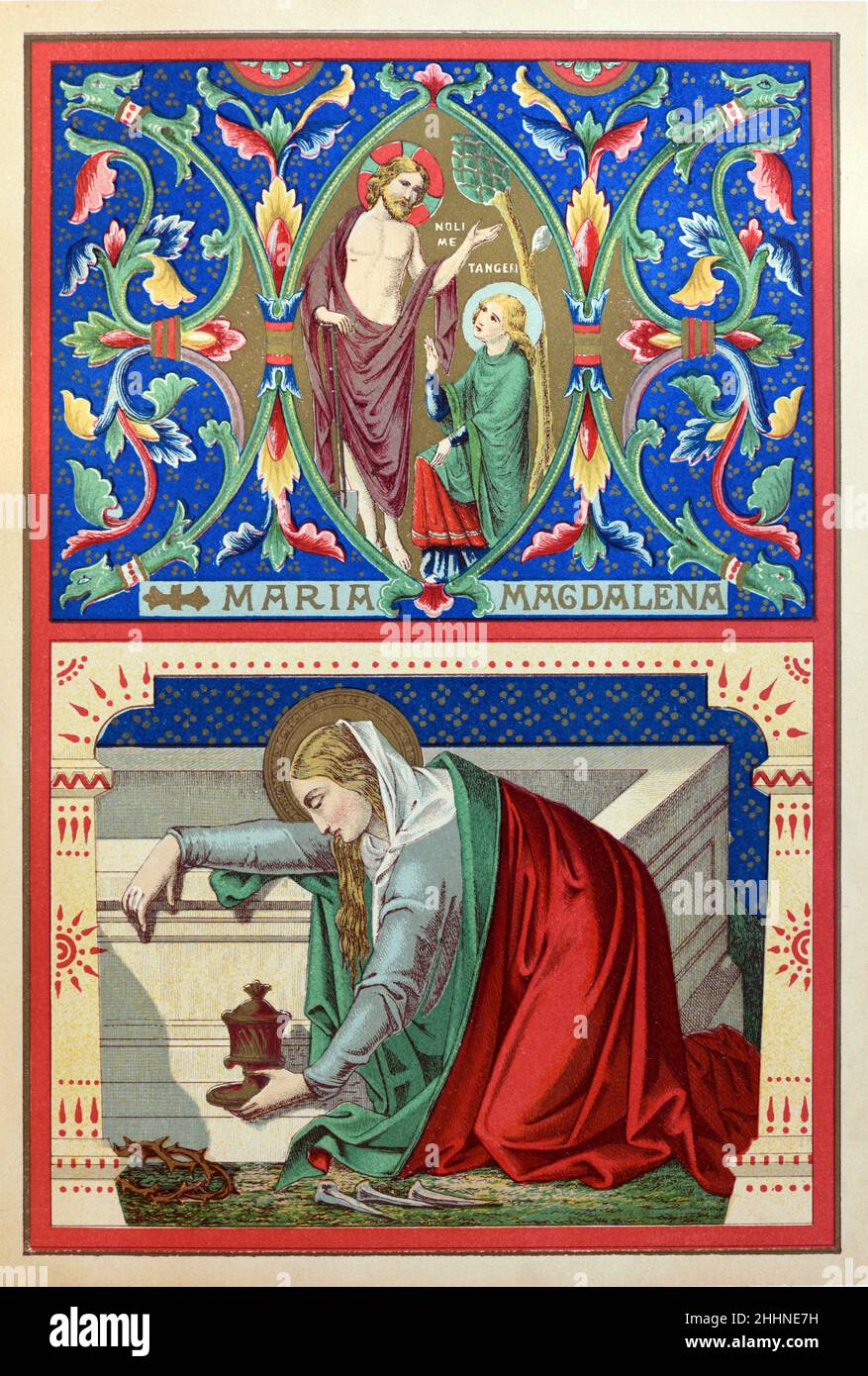 Heilige Maria Magdalena oder Maria von Magdala, die am Grab Jesu Christi trauert. Chromolithographie von 1887 Edition von Butlers Leben der Heiligen. Stockfoto