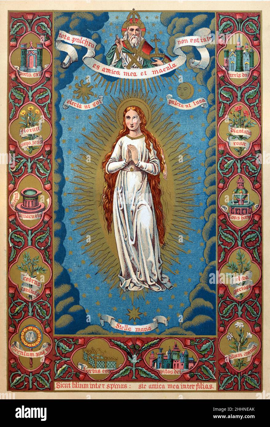 Heilige Maria, Mutter Jesu (c18BC-30/33AD) im Gebet. Chromolithographie von 1887 Edition von Butlers Leben der Heiligen. Stockfoto