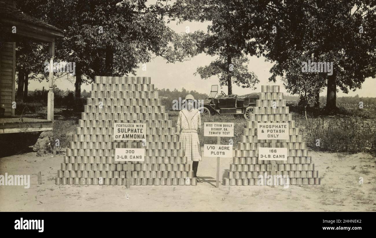Frau Eron Dooley von Bishop, nahe Athen, Georgia, USA, steht zwischen zwei Stapeln Tomatendosen - frühes Canning Club-Foto - Anfang des 20. Jahrhunderts Stockfoto