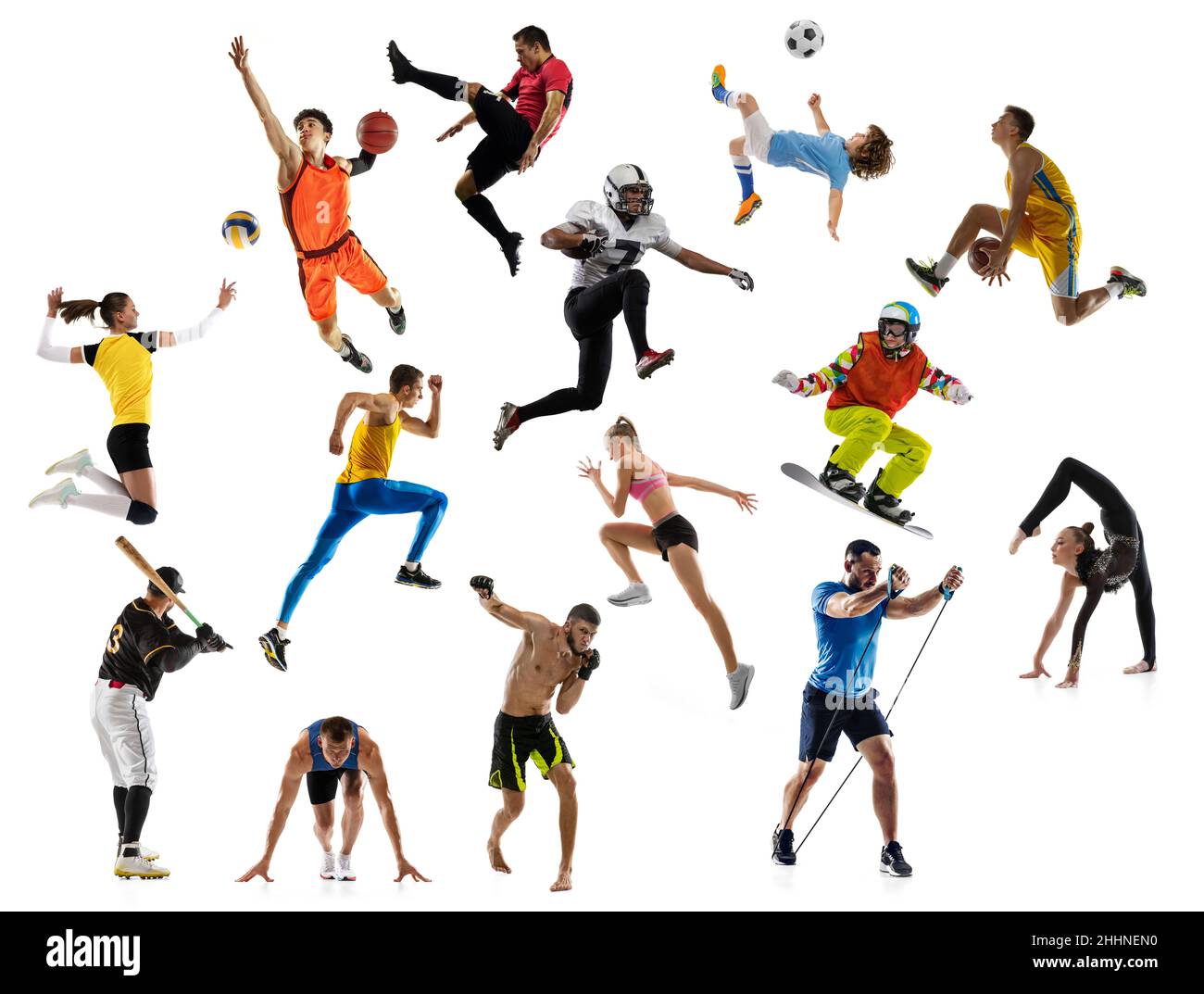 Sport-Collage über Fußball, american Football, Basketball, Volleyball, Tennis, rugby, Handballspieler mit Kugeln isoliert auf weißem Hintergrund mit Stockfoto
