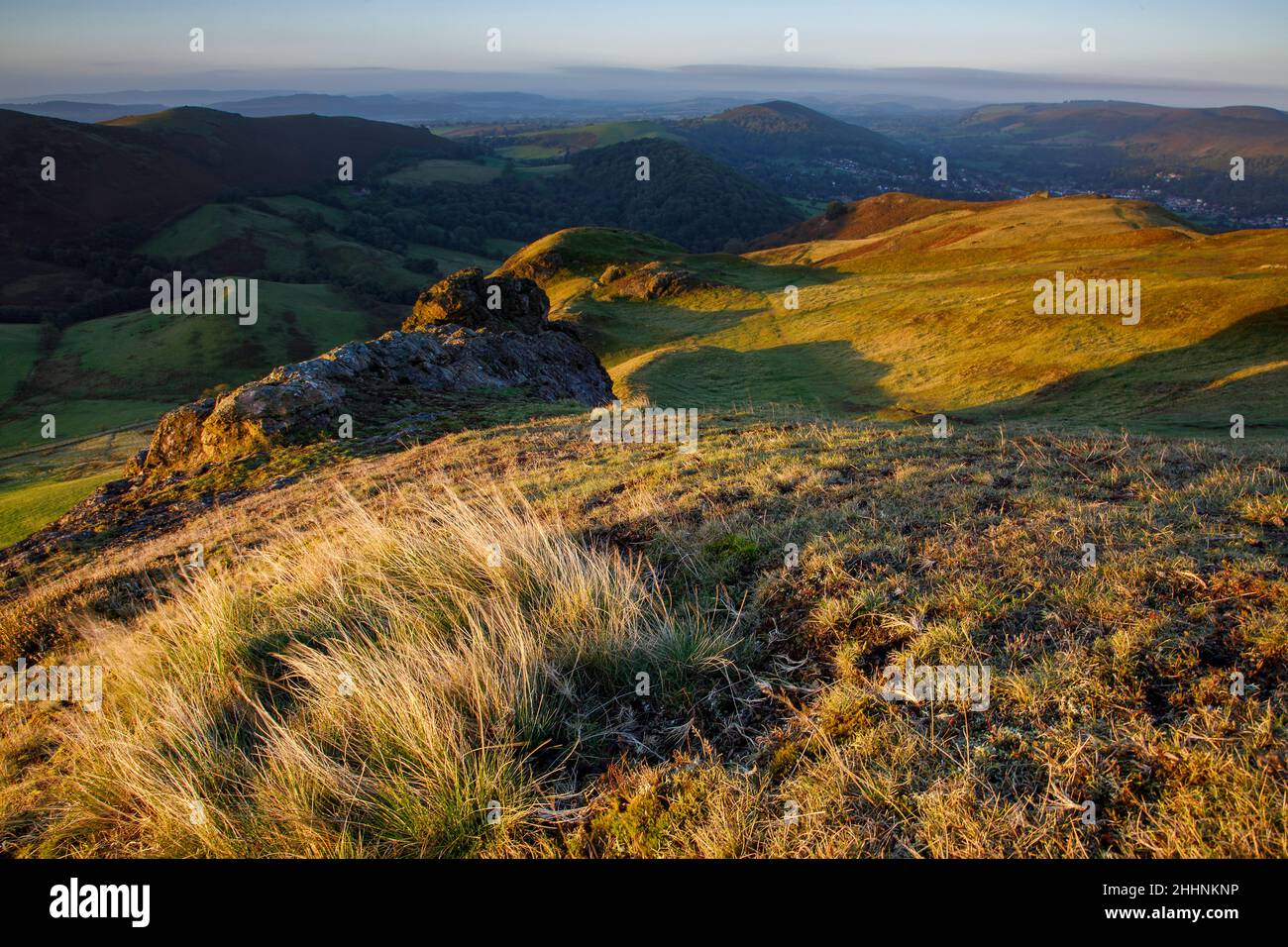 Blick von Caradoc, Long Mynd, Shropshire Hills. VEREINIGTES KÖNIGREICH Stockfoto