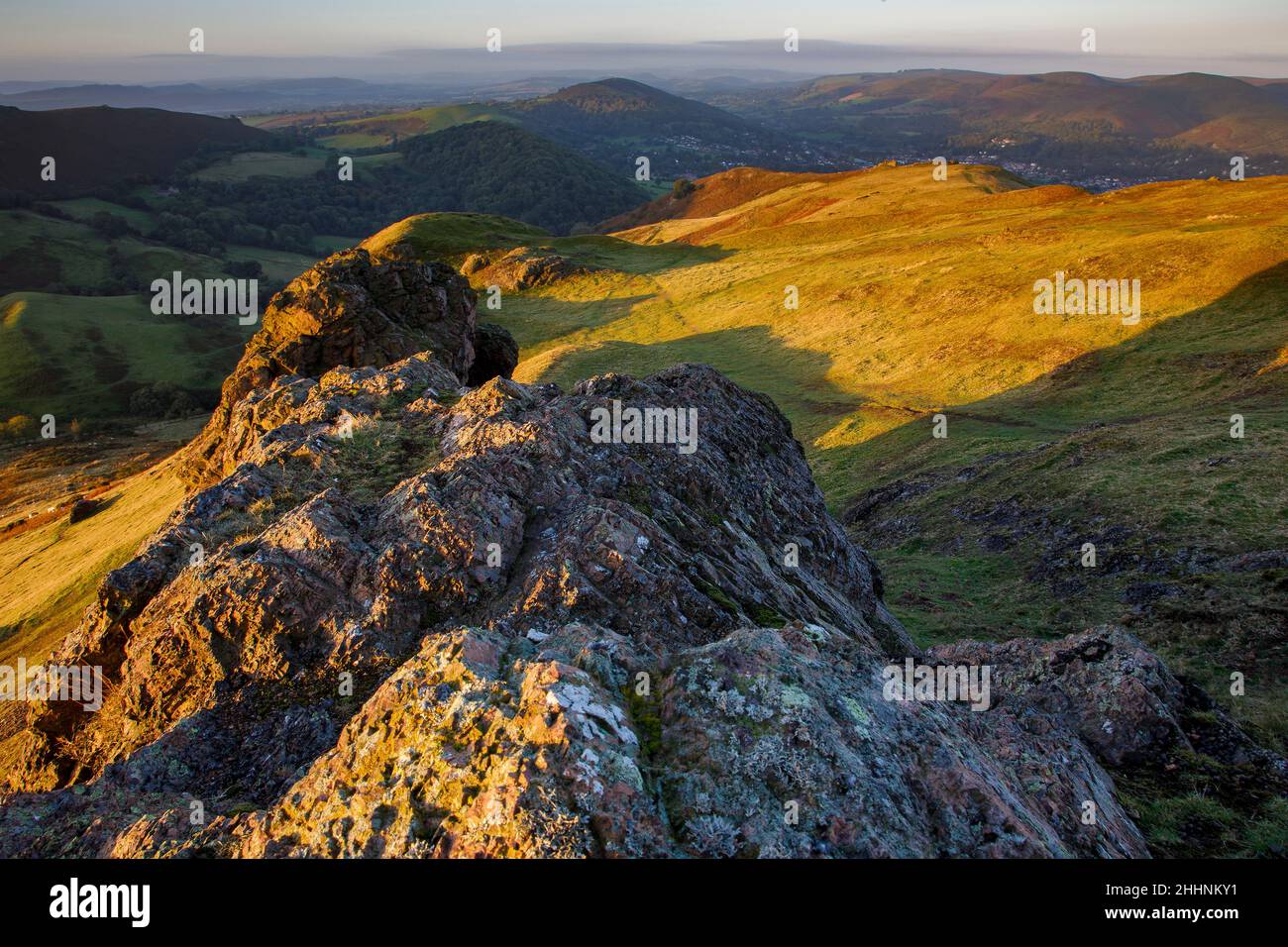 Blick von Caradoc, Long Mynd, Shropshire Hills. VEREINIGTES KÖNIGREICH Stockfoto