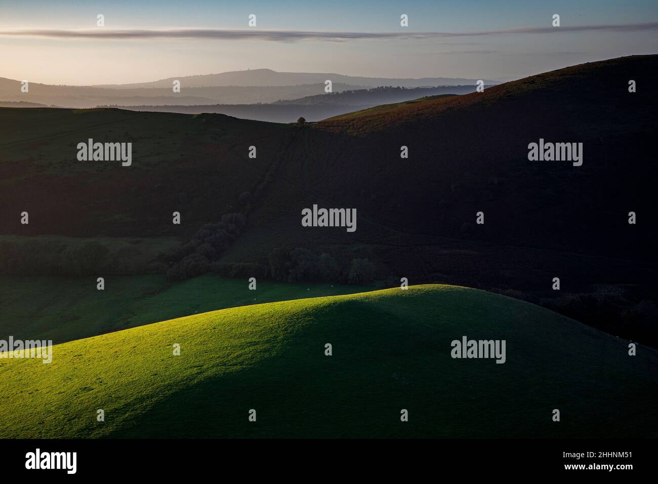 Blick von Caradoc, Long Mynd, Shropshire Hills. VEREINIGTES KÖNIGREICH Stockfoto