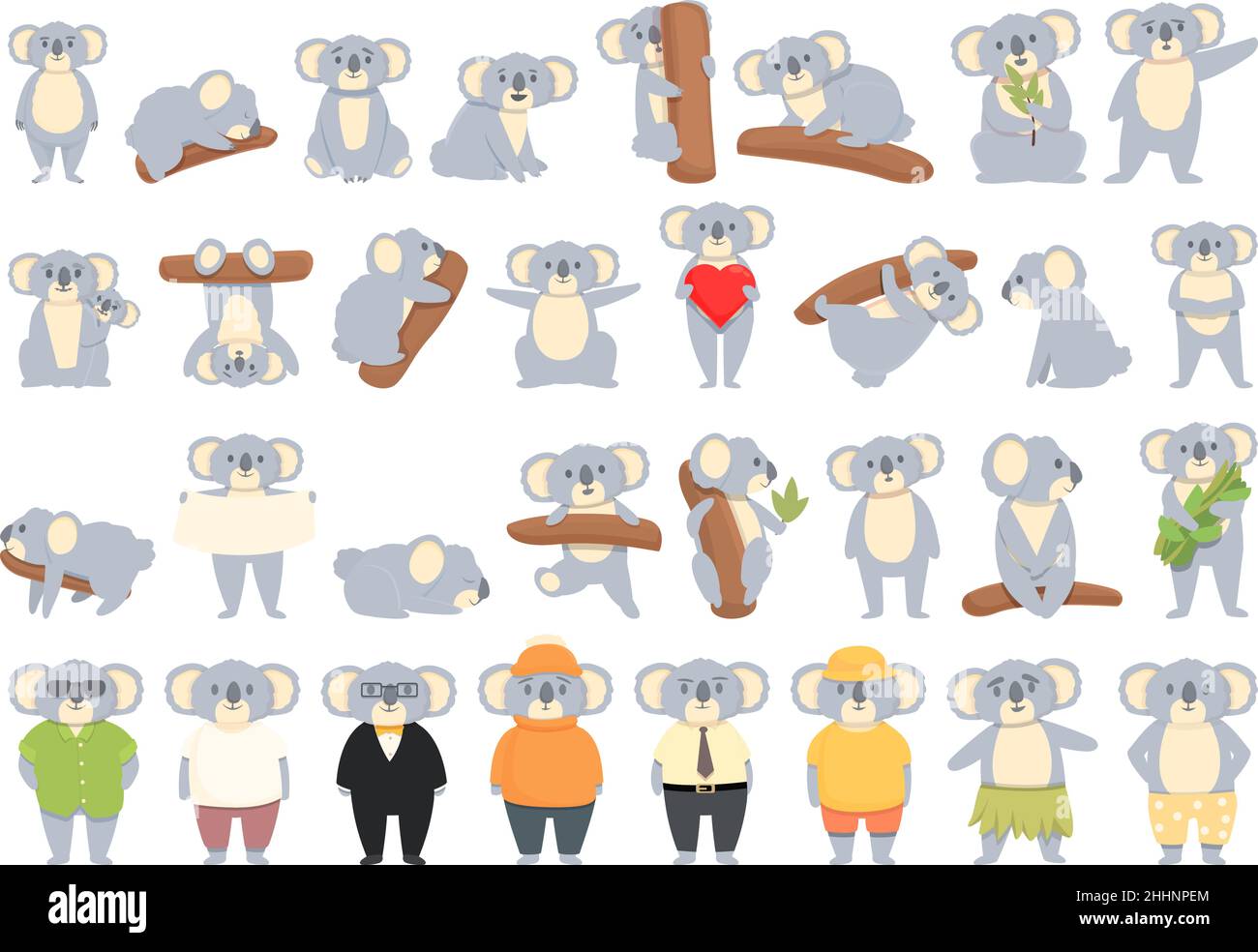 Koala-Symbole setzen Cartoon-Vektor. Australischer Bär. Eucalilptus Tier Stock Vektor