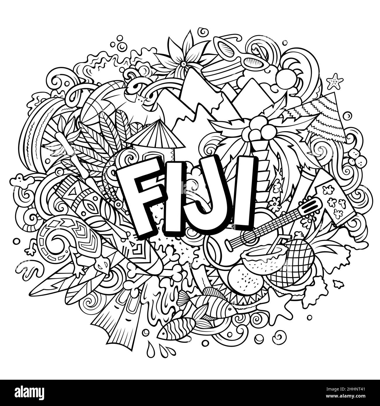 Fidschi handgezeichnete Cartoon-Kritzeleien Illustration. Witziges Reisedesign. Kreative Kunst Vektor Hintergrund. Handgeschriebener Text mit exotischen Inselelementen und Anhänger Stock Vektor