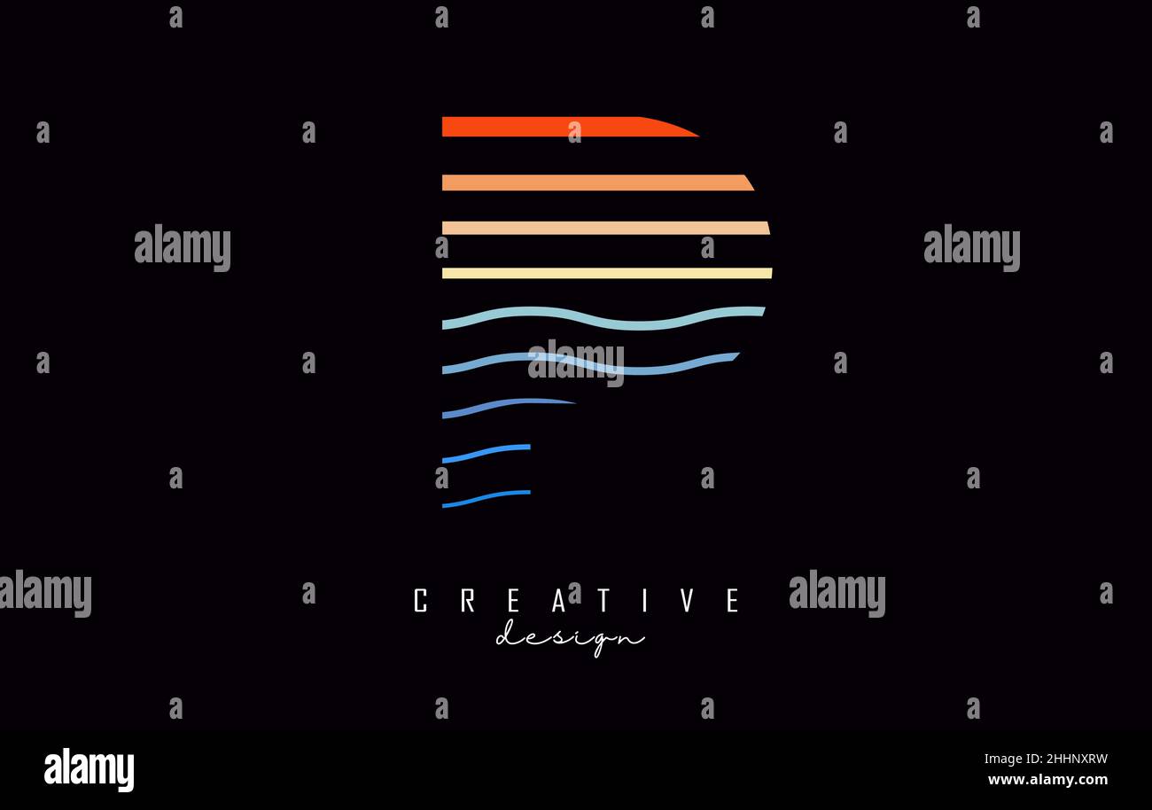P-Logo mit farbenfrohen Linien und Zickzack-Linien. Vektor-Illustration mit Meer und Sonnenuntergang Farblinien. Stock Vektor