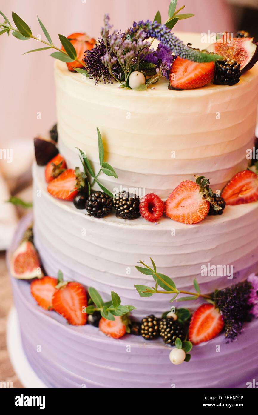 Helle dreistufige Hochzeitstorte. Weißer, cremiger Kuchen mit Sesamfrüchten, Beeren und Blumen. Stockfoto