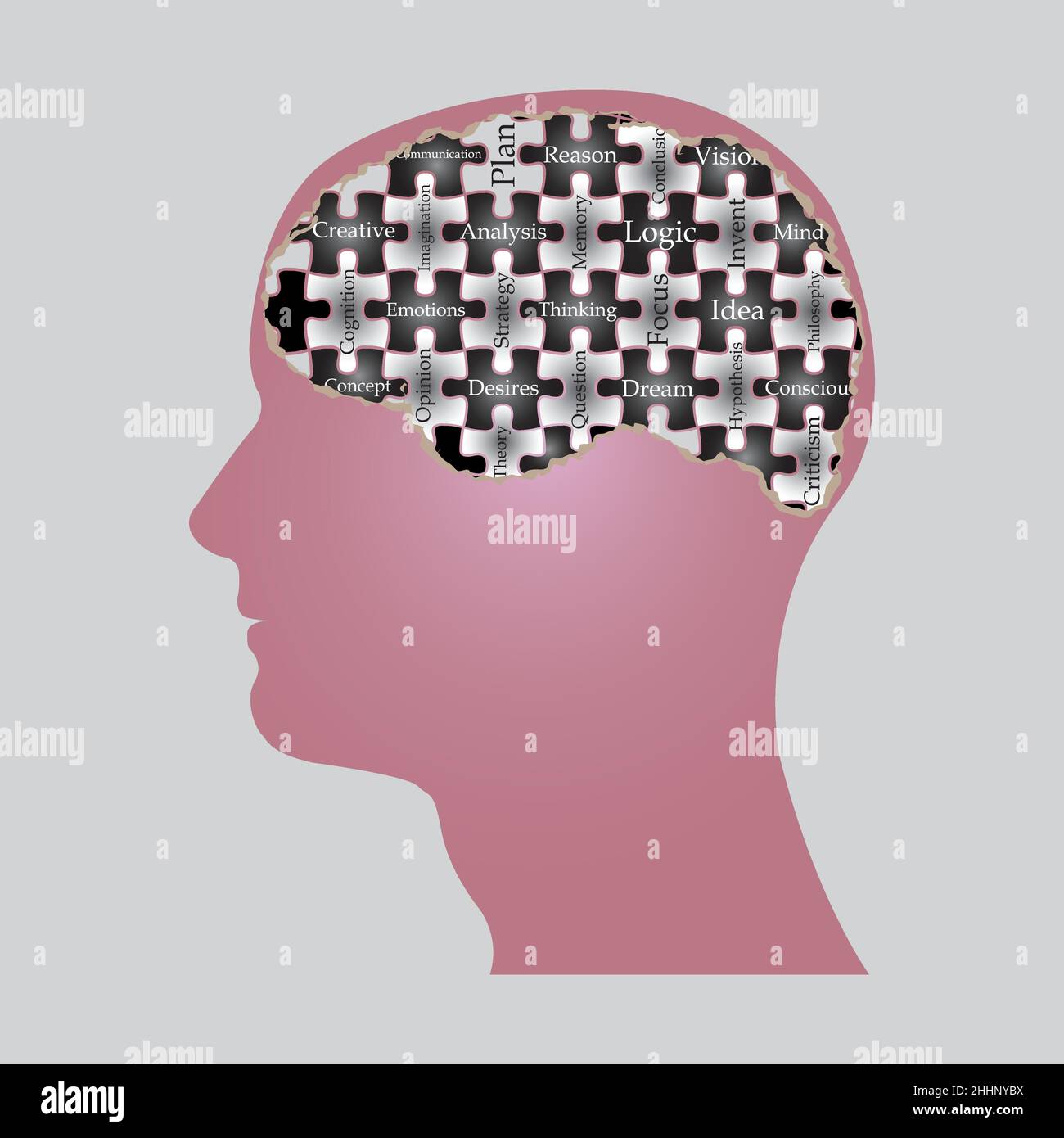 Menschliches Gehirn als Puzzleteile mit mentalen Merkmalen, die die Person erschaffen. Vektorgrafik Stock Vektor