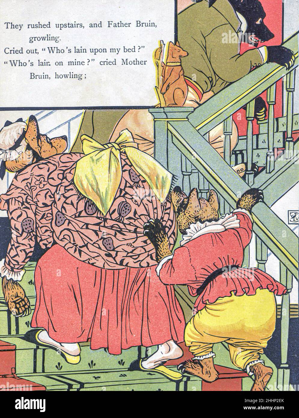 Die drei Bären illustriert von Walter Crane 1873. Veröffentlicht in London von George Routledge and Sons. „Goldilocks and the Three Bears“ (ursprünglich „The Story of the Three Bears“ genannt) ist ein britisches Märchen aus dem 19th. Jahrhundert, von dem drei Versionen existieren. Die Originalversion der Geschichte erzählt von einer nicht so höflichen alten Frau, die das Waldhaus von drei Jungbären betreten, während sie weg sind. Sie sitzt auf ihren Stühlen, isst etwas von ihrer Suppe, setzt sich auf einen ihrer Stühle und bricht sie ab und schläft in einem ihrer Betten. Als die Bären zurückkehren und sie entdecken, wacht sie auf, springt aus dem Wind Stockfoto