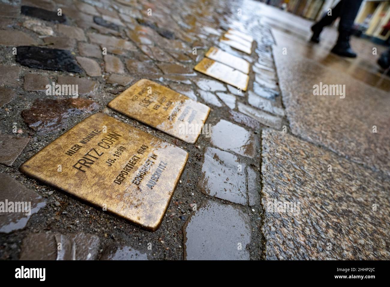 Stralsund, Deutschland. 25th Januar 2022. Stolpersteine, aufgenommen in der Ossenreyerstrasse in der Altstadt von Stralsund. Die Stolpersteine sind auf einer Messingplatte mit Namen und Daten von Menschen eingraviert, die während der NS-Zeit verfolgt und ermordet wurden, aus Deutschland fliehen mussten oder die Lager überlebten. Sie sind in die Gehwege vor den letzten freiwilligen Residenzen der Opfer eingebettet. Der 27. Januar ist der Internationale Tag des Gedenkens an die Opfer des Holocaust und der Befreiung des Konzentrationslagers Auschwitz-Birkenau. Quelle: Stefan Sauer/dpa/ZB/dpa/Alamy Live News Stockfoto