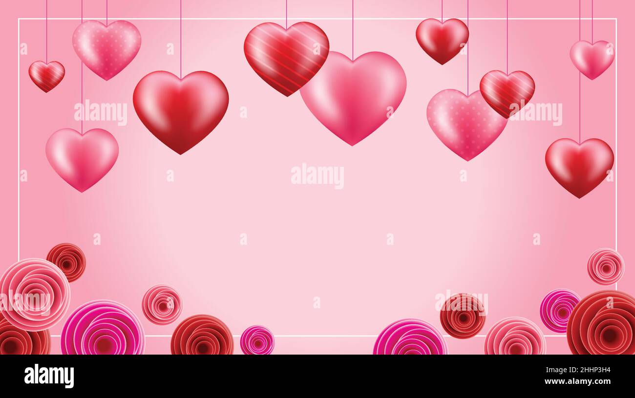 Valentinstagsbanner, Karte, Hintergrund, Tapetendesign. Rosa und rote Rosen und Herzen. Stock Vektor