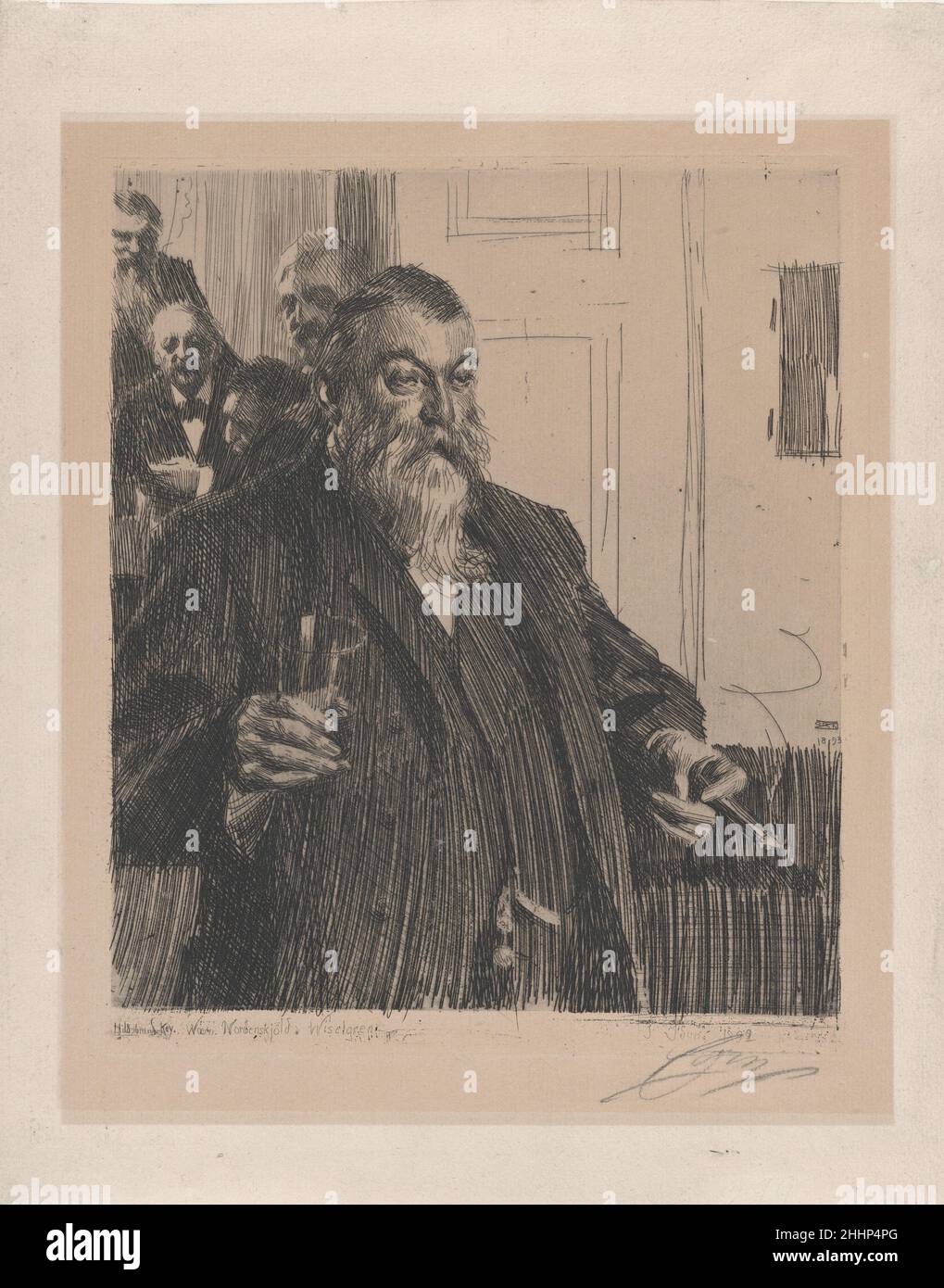 A Toast II 1893 anders Zorn Schwedisch Harold Wieselgren gibt einen Toast. Hinter ihm befinden sich von rechts nach links A. E. Nordenskiöld, C. F. Wæern, Axel Key und Hans Hildebrand. Die Radierung basiert auf einem Ölgemälde im Nationalmuseum, Stockholm. Ein Toast II. Anders Zorn (Schwedisch, Mora 1860–1920 Mora). 1893. Ätzung; fünfter Zustand von fünf (Asplund). Harald Ossian Wieselgren (Schwedisch, 1835–1906). Ausdrucke Stockfoto A Toast II 1893 anders Zorn Schwedisch Harold Wieselgren gibt einen Toast. Hinter ihm befinden sich von rechts nach links A. E. Nordenskiöld, C. F. Wæern, Axel Key und Hans Hildebrand. Die Radierung basiert auf einem Ölgemälde im Nationalmuseum, Stockholm. Ein Toast II. Anders Zorn (Schwedisch, Mora 1860–1920 Mora). 1893. Ätzung; fünfter Zustand von fünf (Asplund). Harald Ossian Wieselgren (Schwedisch, 1835–1906). Ausdrucke Stockfoto