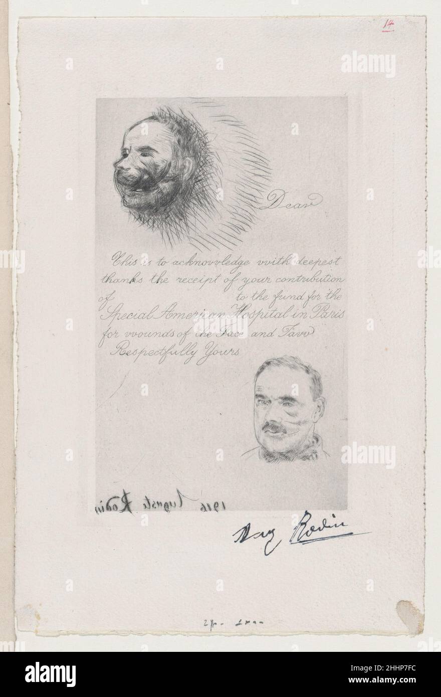 Beitrag Empfang des Special American Hospital in Paris für Wunden des Gesichts und der Kiefer 1916 Auguste Rodin Französisch Rodin, bekannt für seine einflussreichen skulpturalen Arbeiten im späten 19. Jahrhundert, passte seinen künstlerischen Fokus während des Krieges an. Der Grabenkrieg, der den Ersten Weltkrieg charakterisierte, war besonders förderlich für Gesichtsverletzungen. Granatsplitter und Schüsse ließen Männer mit grellen Gesichtsvernarbung und Verstümmelung zurück. Das amerikanische Spezialkrankenhaus in Paris für Wunden im Gesicht und im Kiefer bot verletzte Soldaten eine rekonstruktive Operation an. (Viele Techniken, die in diesem Zeitraum entwickelt wurden, sind immer noch U Stockfoto