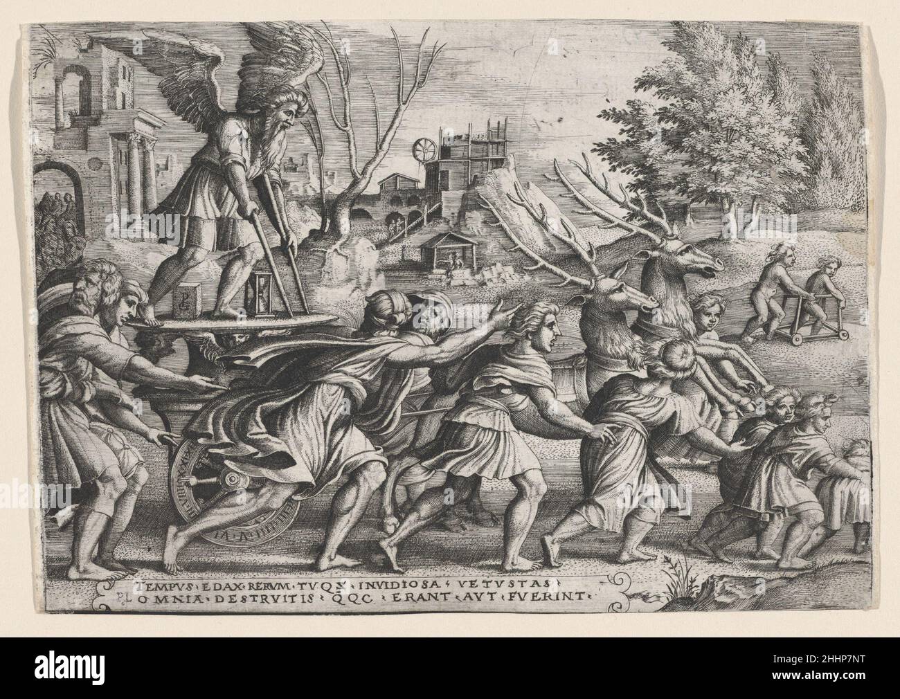 Der Triumph der Zeit auf Ruhm, aus den 'Triumphen Petrarcas' Georg Pencz Deutsch. Der Triumph der Zeit auf Ruhm, von den Triumphen Petrarcas. Die Triumphs von Petrarca. Georg Pencz (deutsch, Breslau, ca. 1500–1550 Leipzig). Gravur. Ausdrucke Stockfoto