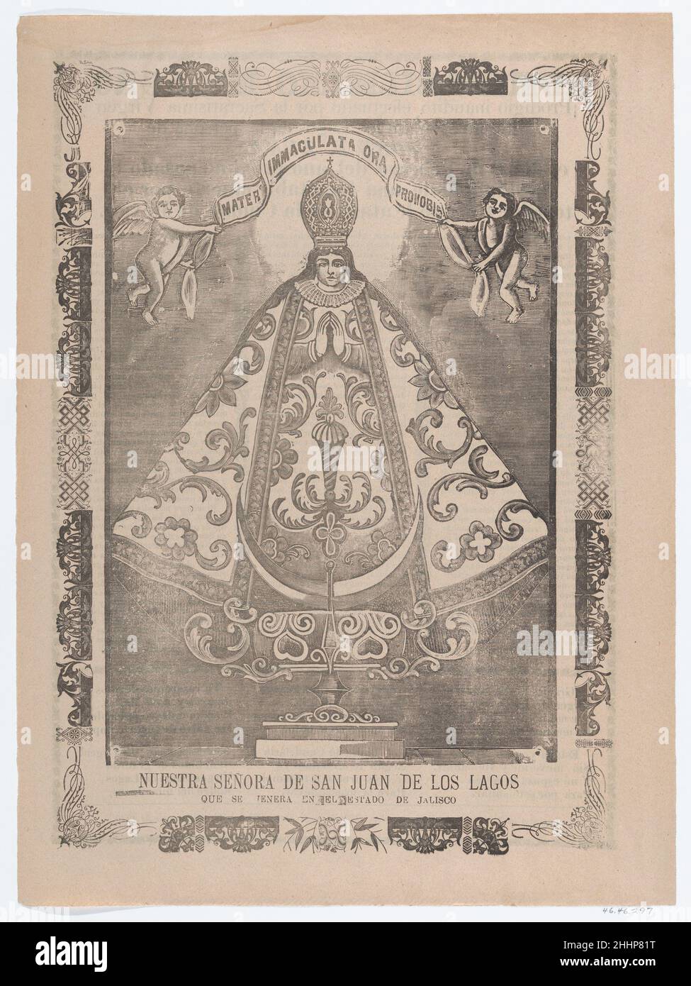 Broadsheet mit dem Bild unserer Lieben Frau von San Juan de los Lagos, verehrt in Jalisco 1910 José Guadalupe Posada. Broadsheet mit dem Bild unserer Lieben Frau von San Juan de los Lagos, verehrt in Jalisco. José Guadalupe Posada (Mexikanisch, 1851–1913). 1910. Fotorelief und Buchdruck auf Büffelpapier. Antonio Vanegas Arroyo (1850–1917, Mexikanisch). Ausdrucke Stockfoto