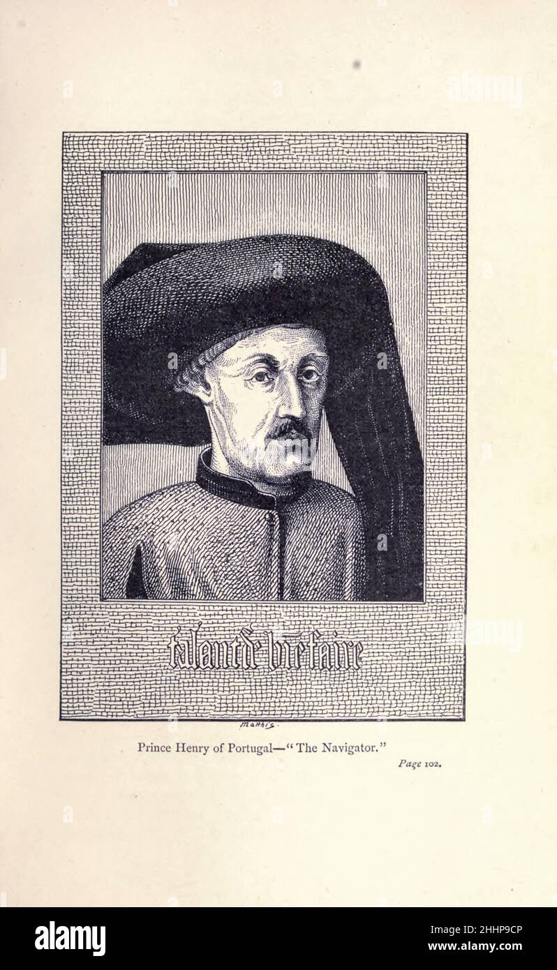 Prinz Heinrich von Portugal der Seefahrer von der Erforschung der Welt, gefeierte Reisen und Reisende, gefeierte Reisen von Jules Verne Sachbuch. Die von 1878 bis 1880 in drei Bänden erschienene Publikation „gefeierte Travellers and Travellers“ erzählt die Geschichte der Entdecker und Abenteurer, die in die weiten Weiten der Welt aufstießen, die Wunder exotischer Länder entdeckten und die leeren Felder auf der Weltkarte füllten. Mit Illustrationen von L. Benet und P. Philippoteaux, Stockfoto