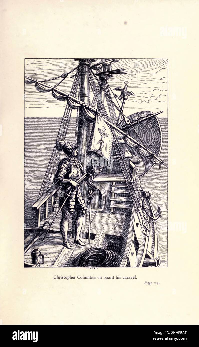 Christopher Columbus an Bord seiner Karavelle von The Exploration of the World, gefeierte Reisen und Reisende, gefeierte Reisen von Jules Verne Sachbücher. Die von 1878 bis 1880 in drei Bänden erschienene Publikation „gefeierte Travellers and Travellers“ erzählt die Geschichte der Entdecker und Abenteurer, die in die weiten Weiten der Welt aufstießen, die Wunder exotischer Länder entdeckten und die leeren Felder auf der Weltkarte füllten. Mit Illustrationen von L. Benet und P. Philippoteaux, Stockfoto