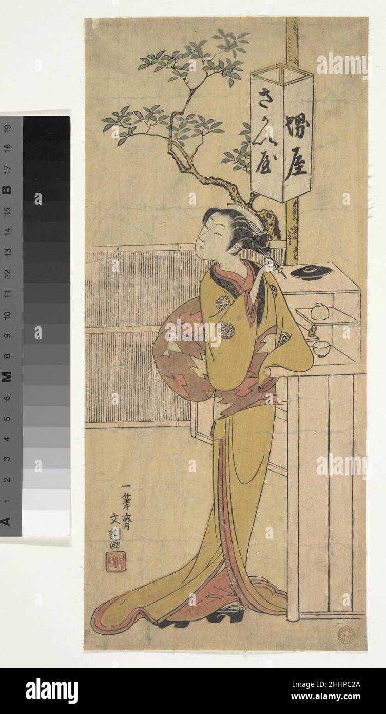 Eine Kellnerin des Sakai-ya Teehauses steht und schaut Ca. 1770 Ippitsusai Bunchō Japanisch. Eine Kellnerin des Sakai-ya Teehauses steht und schaut 36712 Stockfoto
