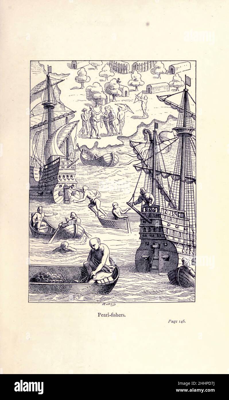 Pearl Fishers from the Exploration of the World, gefeierte Reisen und Reisende, gefeierte Reisen von Jules Verne Sachbücher. Die von 1878 bis 1880 in drei Bänden erschienene Publikation „gefeierte Travellers and Travellers“ erzählt die Geschichte der Entdecker und Abenteurer, die in die weiten Weiten der Welt aufstießen, die Wunder exotischer Länder entdeckten und die leeren Felder auf der Weltkarte füllten. Mit Illustrationen von L. Benet und P. Philippoteaux, Stockfoto