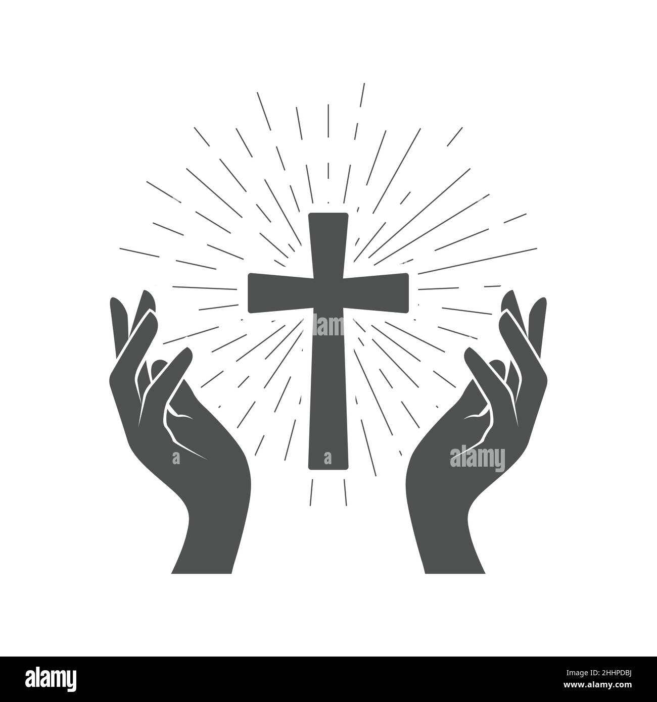 Gebet Symbol, leuchtendes Kruzifix und Hände des Gläubigen, heilige Kreuzverehrung, Vektor Stock Vektor