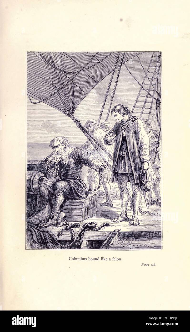 Christoph Kolumbus, der wie ein Verbrecher von der Erforschung der Welt gebunden ist, feierte Reisen und Reisende, feierte Reisen von Jules Verne, Sachbücher. Die von 1878 bis 1880 in drei Bänden erschienene Publikation „gefeierte Travellers and Travellers“ erzählt die Geschichte der Entdecker und Abenteurer, die in die weiten Weiten der Welt aufstießen, die Wunder exotischer Länder entdeckten und die leeren Felder auf der Weltkarte füllten. Mit Illustrationen von L. Benet und P. Philippoteaux, Stockfoto