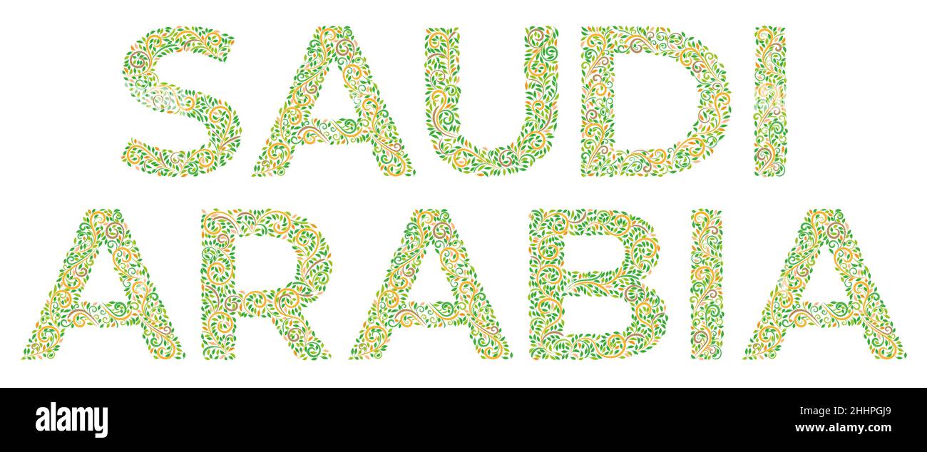 Wörter Saudi-Arabien – Name des Landes, in arabischen Ornamenten im orientalischen Stil auf einem weißen. Schriftzug mit ethnischem Ornament. Konzept für Beschriftungstext Stock Vektor