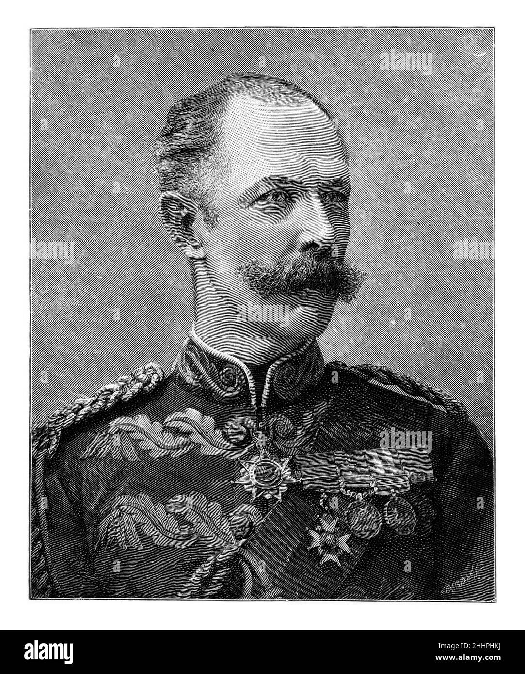 Schwarz-Weiß-Illustration; Porträt des Generalmajors Sir Herbert Stewart, 1885, Stockfoto