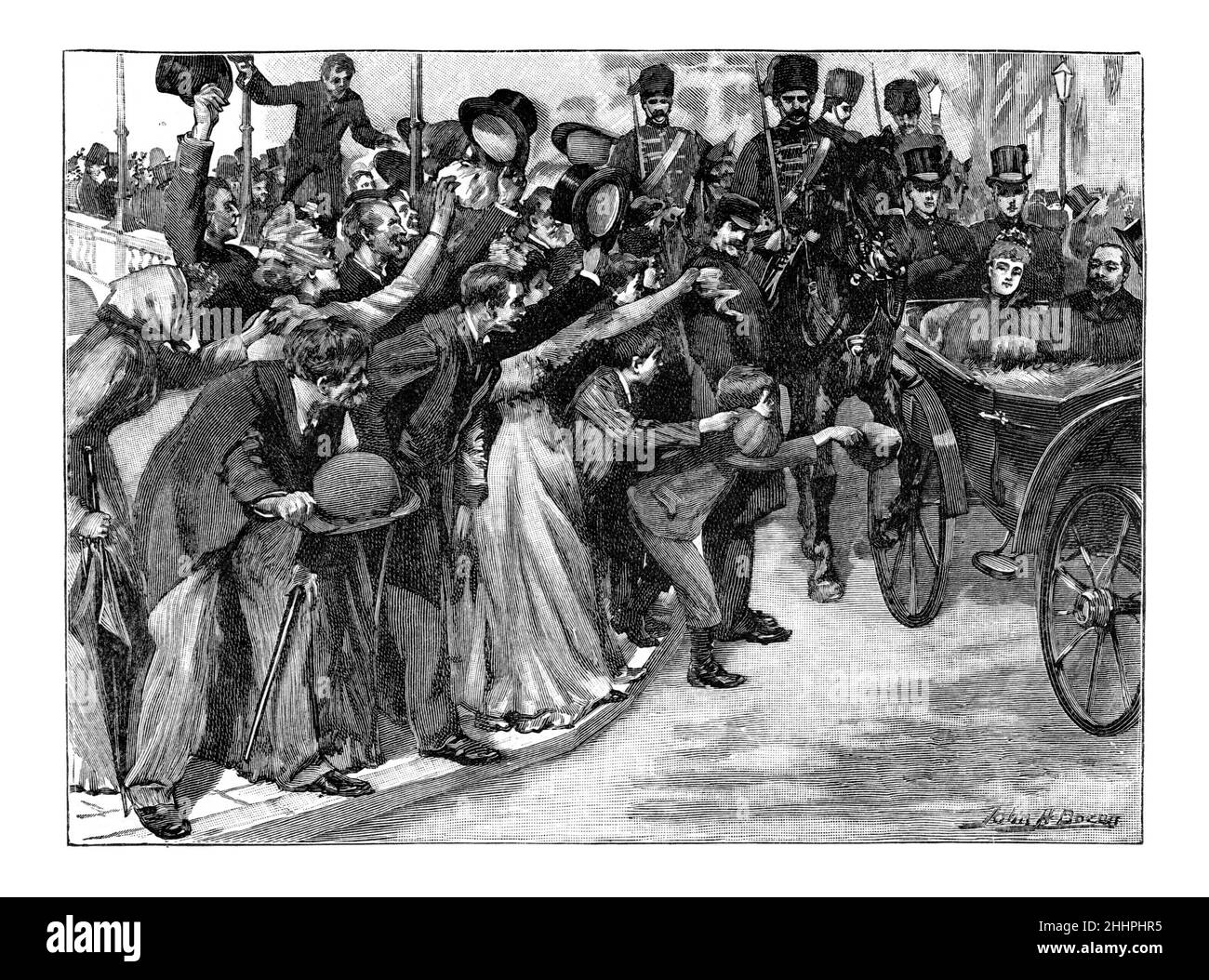 Schwarz-Weiß-Illustration; königlicher Besuch in Irland, 1885. Die Prozession über die Parnell Bridge, Cork. Stockfoto