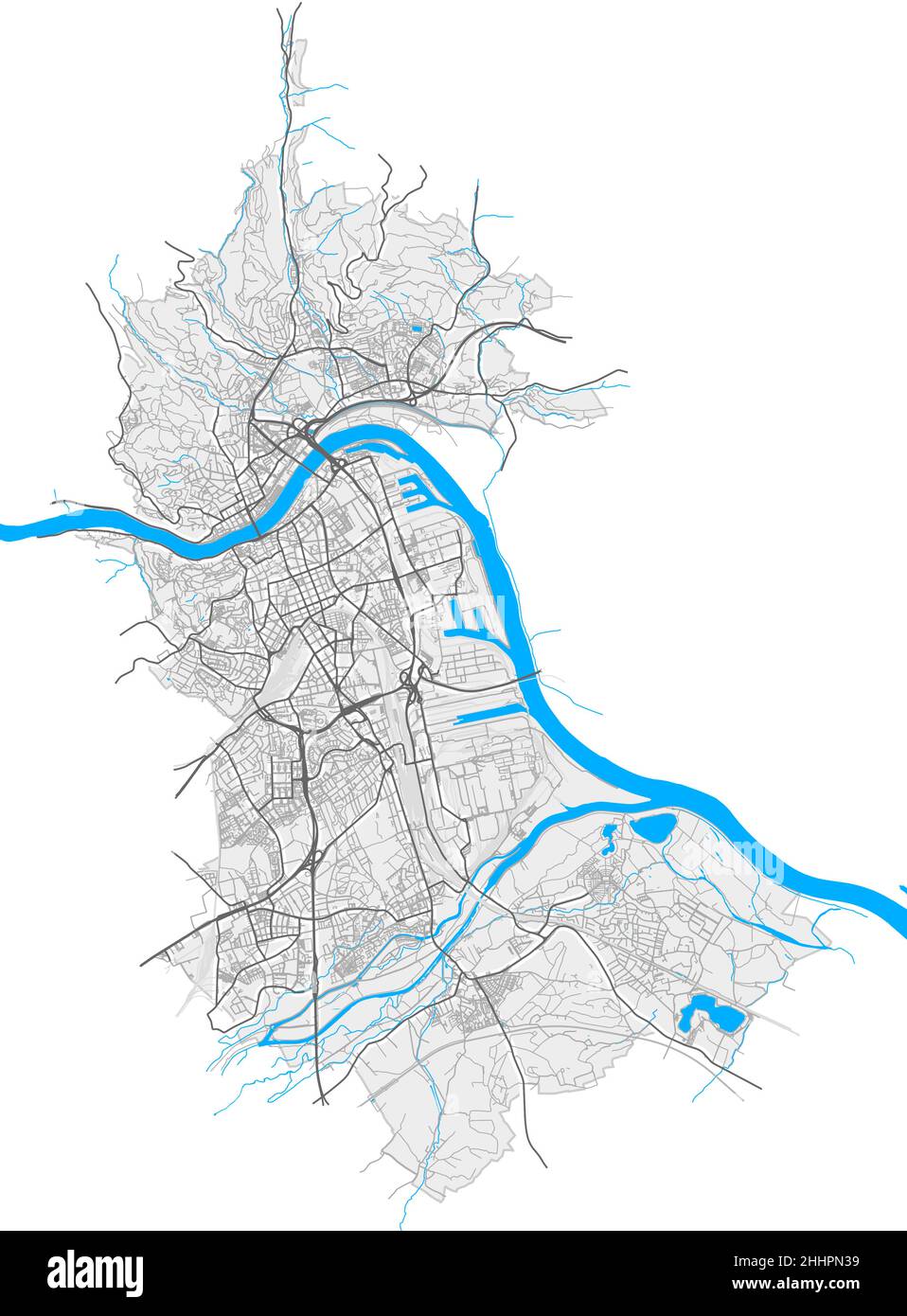 Linz, Oberösterreich, Österreich hochauflösende Vektorkarte mit Stadtgrenzen und editierbaren Pfaden. Weiße Umrisse für Hauptstraßen. Viele detaillierte Pfade. B Stock Vektor