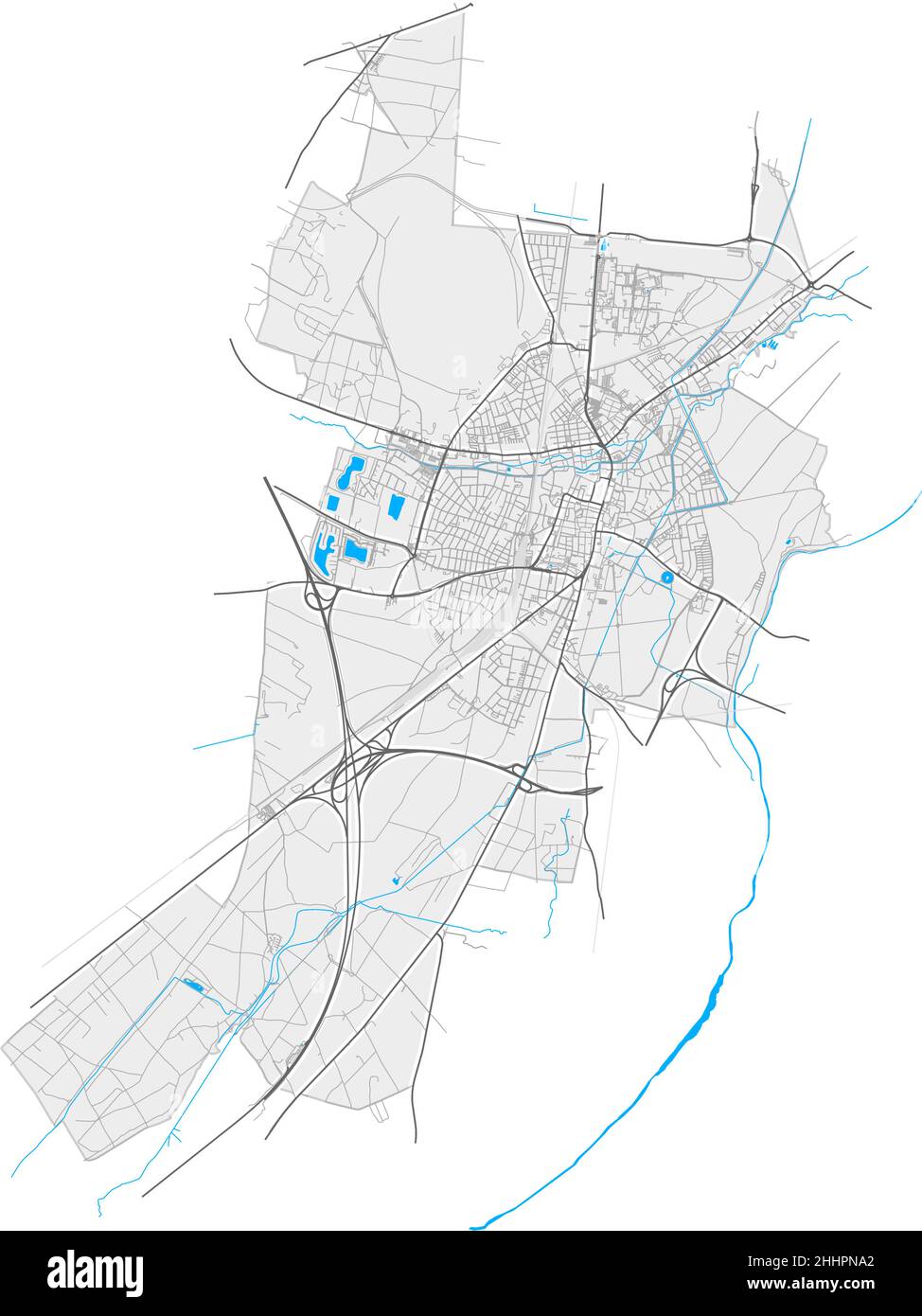 WienerNeustadt, Niederösterreich, Österreich hochauflösende Vektorkarte mit Stadtgrenzen und editierbaren Pfaden. Weiße Umrisse für Hauptstraßen. Viele Details Stock Vektor