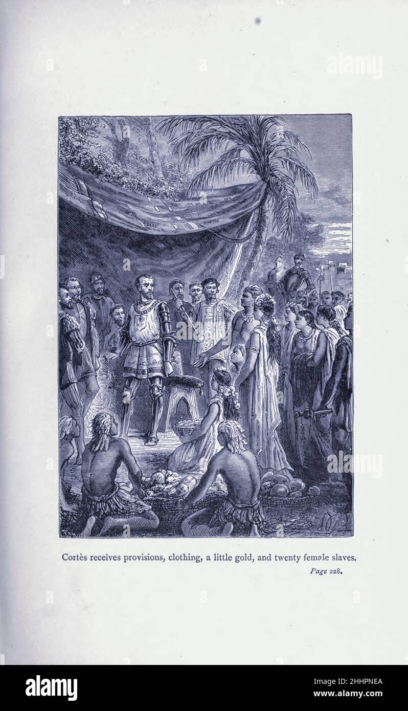 Cortes erhält Proviant, Kleidung, ein wenig Gold und zwanzig Sklavinnen von The Exploration of the World, gefeierte Reisen und Reisende, gefeierte Reisen von Jules Verne Sachbücher. Die von 1878 bis 1880 in drei Bänden erschienene Publikation „gefeierte Travellers and Travellers“ erzählt die Geschichte der Entdecker und Abenteurer, die in die weiten Weiten der Welt aufstießen, die Wunder exotischer Länder entdeckten und die leeren Felder auf der Weltkarte füllten. Mit Illustrationen von L. Benet und P. Philippoteaux, Stockfoto