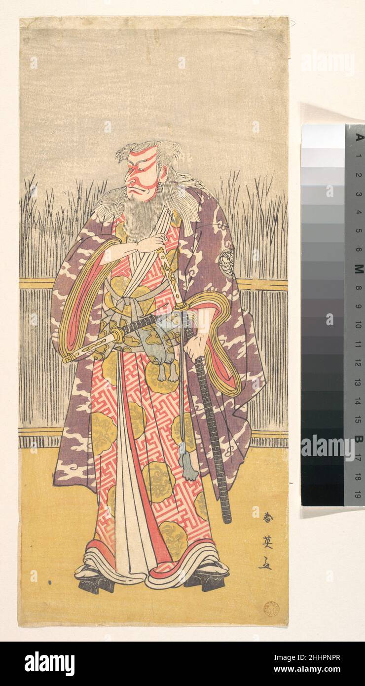 Der Schauspieler Ichikawa Ebizō (Danjūrō V) als der ältere Samurai Sasaki Ganryū (?) Wahrscheinlich 1792 (Kansei 4), 4th Monate Katsukawa Shun'ei 勝川春英 Japanese frühere Katalogografinnen haben angenommen, dass dieser seltene Schauspielerdruck den berühmten Schauspieler Ebizō repräsentiert, Der gerade den Künstlernamen Danjūrō V aufgegeben hatte und die Rolle des hige no Ikyū (wörtlich: Der bärtige Ikyū) spielte, dem schurkischen Samurai, der eine zentrale Figur im beliebten Stück Sukeroku: Blume des Edo (Sukeroku yukari no Edo-zakura) ist. Ebizō hat diese Rolle jedoch nicht ausgeführt, als dieser Druck veröffentlicht worden sein muss (basierend auf dem Signat Stockfoto