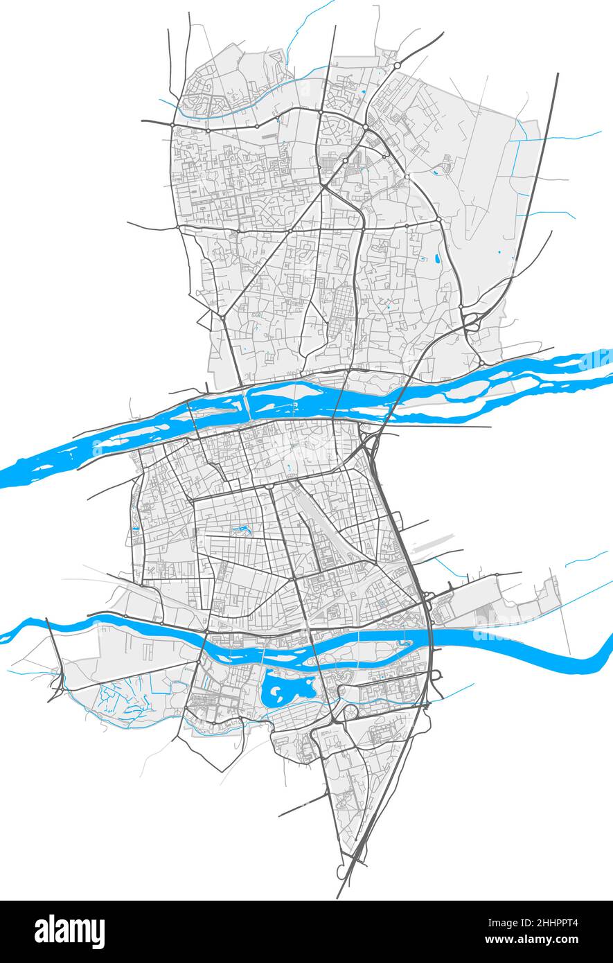 Tours, Indre-et-Loire, Frankreich hochauflösende Vektorkarte mit Stadtgrenzen und bearbeitbaren Pfaden. Weiße Umrisse für Hauptstraßen. Viele detaillierte Pfade. Stock Vektor