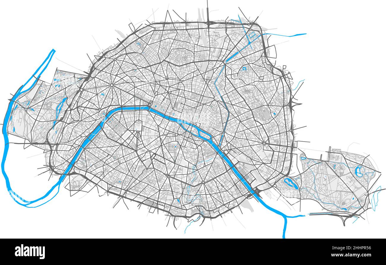 Paris, Paris, Frankreich hochauflösende Vektorkarte mit Stadtgrenzen und bearbeitbaren Pfaden. Weiße Umrisse für Hauptstraßen. Viele detaillierte Pfade. Blauer Shap Stock Vektor