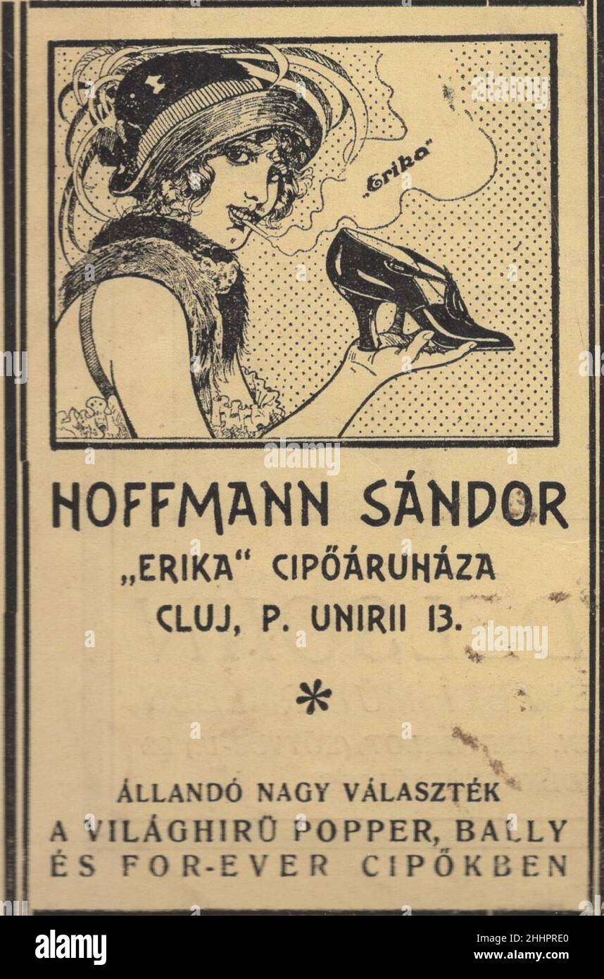 Art-Deco-Magazin von 1928 mit voller Werbung. Es gibt viele echte Art-Deco-Kunstwerke, die hauptsächlich von kíspál (keine weiteren Informationen über ihn) und unbekannten Künstler (s) geschaffen werden.der Zeitschriftenname ist Art Salon ( Művészeti szalon), die Kolozsvár / Cluj in Siebenbürgen gepresst wurde (Vor 1920 gehört Ungarn nach Rumänien) Es gibt so viele Anzeigen, Illustrationen und Ausstellungen von Dienstleistern sowie Márk Lajos Malerei (s). WEITERE-RECHTE-FREIGABE-INFO-NOT-AVAILABLE: Hoffmann Sándor 'Erika' cipőáruháza / Schuhgeschäft. Cluj, P. Unirii 13 Stockfoto