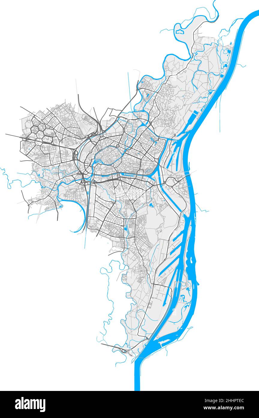 Straßburg, Bas-Rhin, Frankreich hochauflösende Vektorkarte mit Stadtgrenzen und bearbeitbaren Pfaden. Weiße Umrisse für Hauptstraßen. Viele detaillierte Pfade. B Stock Vektor