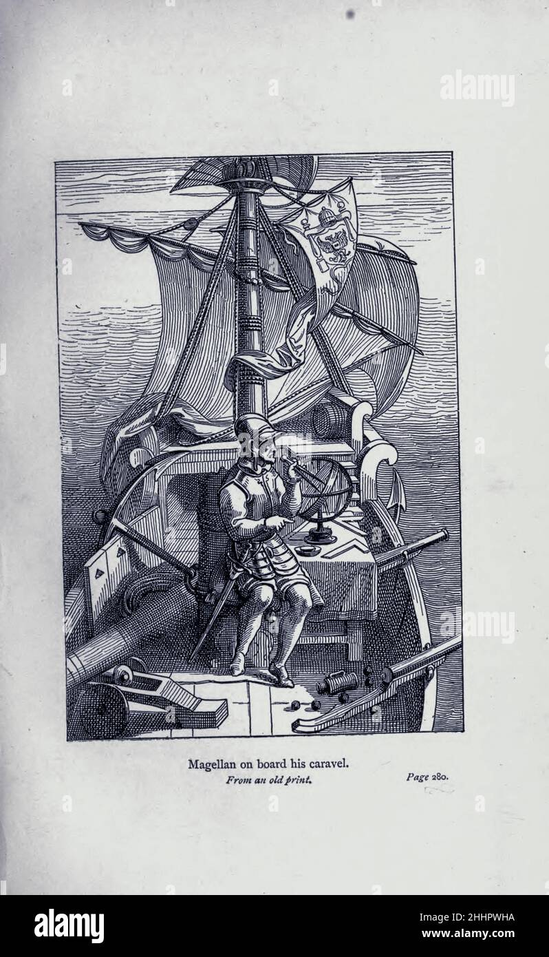 Magellan an Bord seiner Karavelle [Ferdinand Magellan (4. Februar 1480 – 27. April 1521) war ein portugiesischer Entdecker und seit 1518 Gegenstand der hispanischen Monarchie. Er ist vor allem dafür bekannt, dass er 1519 die spanische Expedition nach Ostindien über den Pazifischen Ozean geplant und geleitet hat, um eine maritime Handelsroute zu eröffnen, während der er die interozeanische Passage entdeckte, die seinen Namen trägt, und die erste europäische Schifffahrt vom Atlantik nach Asien erlangte. Während dieser Reise wurde Magellan 1521 in der Schlacht von Mactan auf den heutigen Philippinen getötet, aber einige der Expeditionen überstanden diese Stockfoto