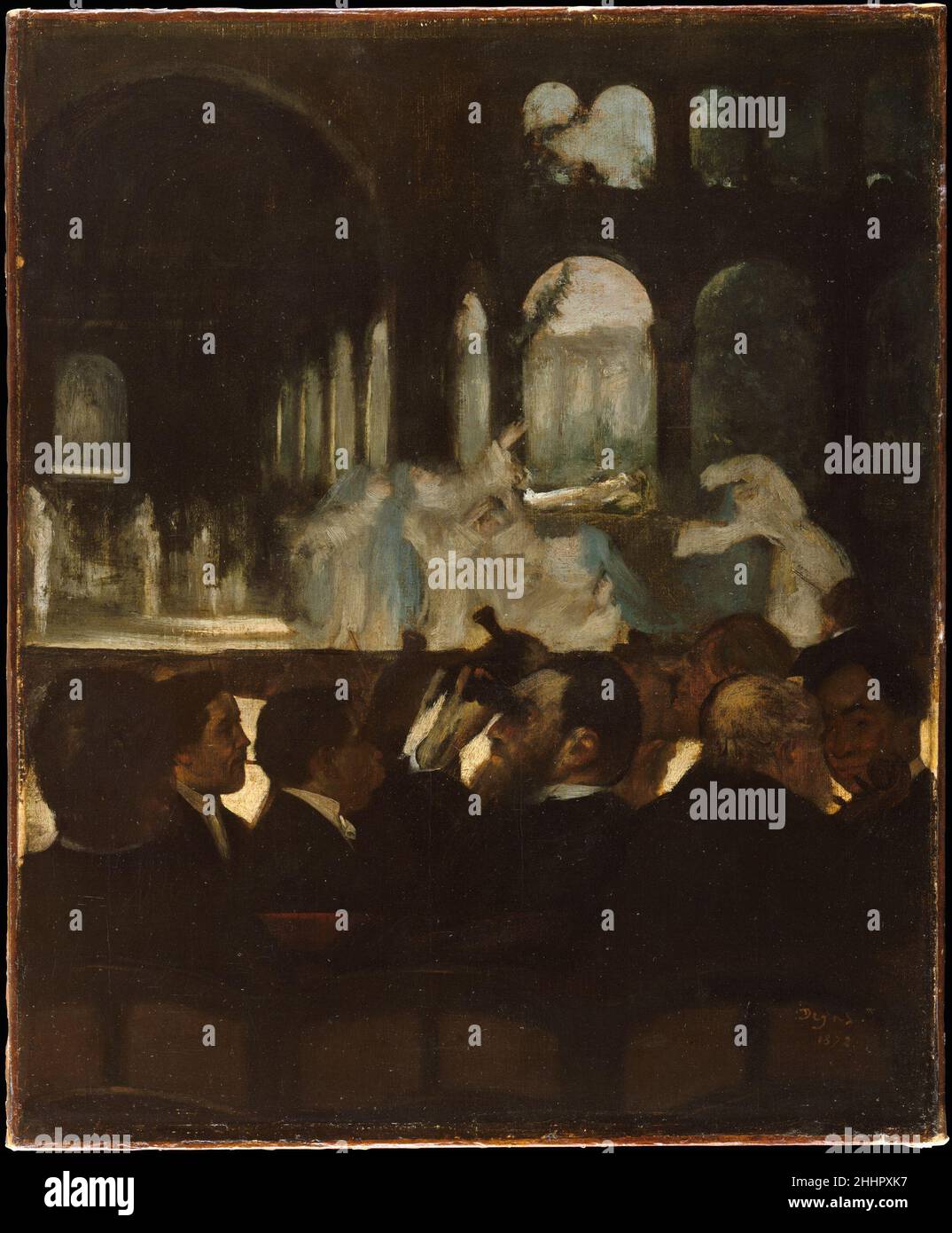 Das Ballett aus „Robert le Diable“ 1871 Edgar Degas Französisch als Degas 1871 dieses Bild machte, war Giacomo Meyerbeers Oper Robert le Diable vierzig Jahre alt und fühlte sich altern – wie der Mann im Zentrum, gleichgültig gegenüber der Handlung und mit dem Fernglas auf das Publikum lenkte. Doch Degas liebte die Oper und insbesondere die hier abgebildete Szene aus dem dritten Akt, in der Nonnen aus den Toten aufsteigen und verführerisch inmitten der Ruinen eines mondbeleuchteten Klosters tanzen. Das Gemälde wurde Anfang 1872 ausgestellt, das Datum auf der Leinwand eingeschrieben; Degas führte später eine größere Version aus (Victo Stockfoto