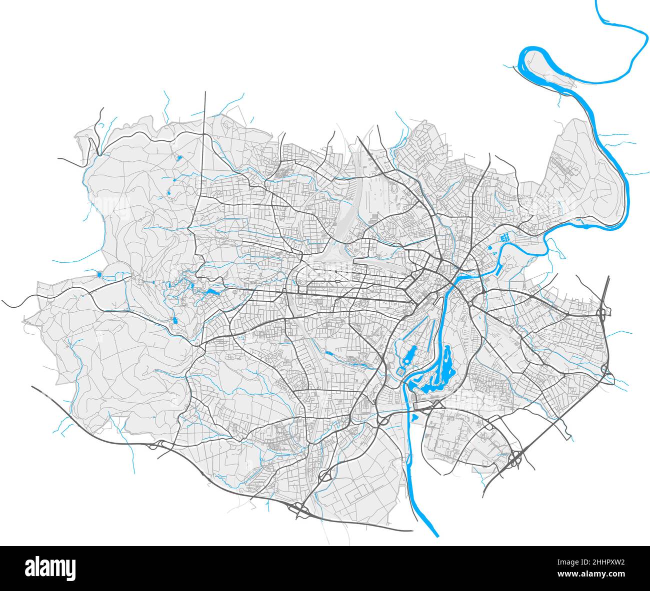 Kassel, Hessen, Deutschland hochauflösende Vektorkarte mit Stadtgrenzen und editierbaren Pfaden. Weiße Umrisse für Hauptstraßen. Viele detaillierte Pfade. Blaues sh Stock Vektor