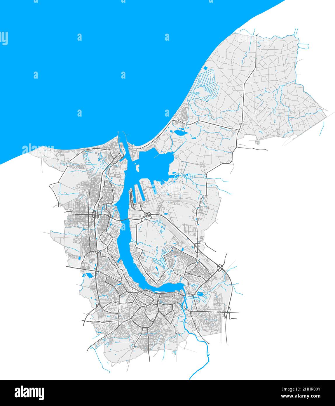 Rostock, Mecklenburg-Vorpommern, Deutschland hochauflösende Vektorkarte mit Stadtgrenzen und bearbeitbaren Pfaden. Weiße Umrisse für Hauptstraßen. Mann Stock Vektor