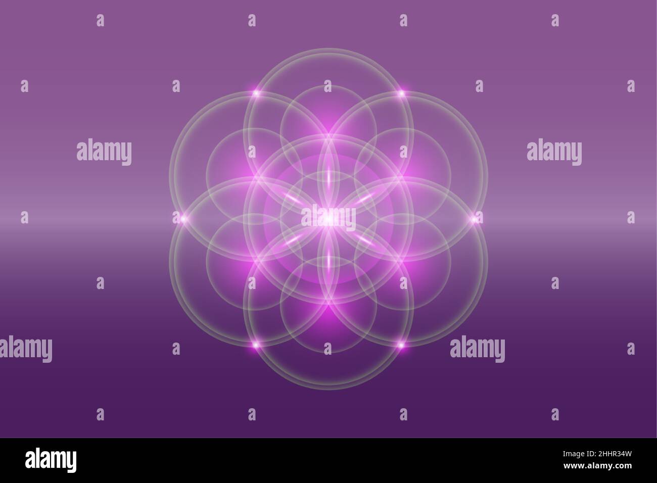 Samen des Lebens, spirituelle Heilige Geometrie, Blume des Lebens, Lotuslicht-Logo Symbol für Harmonie und Balance, leuchtende geometrische Ornamente, Yoga, entspannen Stock Vektor