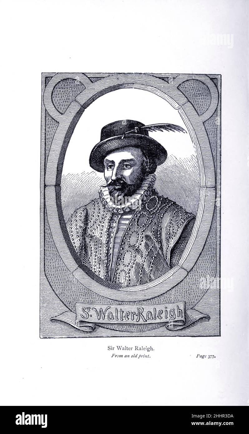 Sir Walter Ralegh (c. 1552. – 29. Oktober 1618), auch Raleigh geschrieben, war ein englischer Staatsmann, Soldat, Schriftsteller und Entdecker. Er war eine der bedeutendsten Persönlichkeiten der elisabethanischen Zeit, spielte eine führende Rolle in der englischen Kolonisierung Nordamerikas, unterdrückte die Rebellion in Irland, half England während der spanischen Armada zu verteidigen und bekleidete politische Positionen unter Elizabeth I. von The Exploration of the World, feierte Reisen und Reisende, Gefeierte Reisen von Jules Verne Sachbuch. Die von 1878 bis 1880 in drei Bänden erschienenen „gefeierten Reisen und Reisende“ sind eine Geschichte der Erkundung Stockfoto