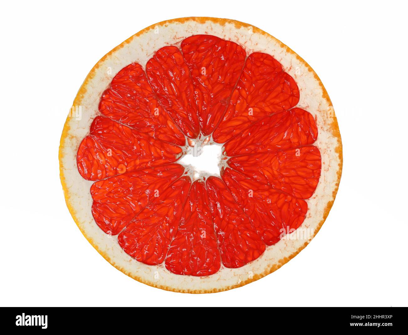 Scheibe rote Grapefruit isoliert auf weißem Hintergrund, Nahaufnahme von roten saftigen Zitrusfrüchten Stockfoto