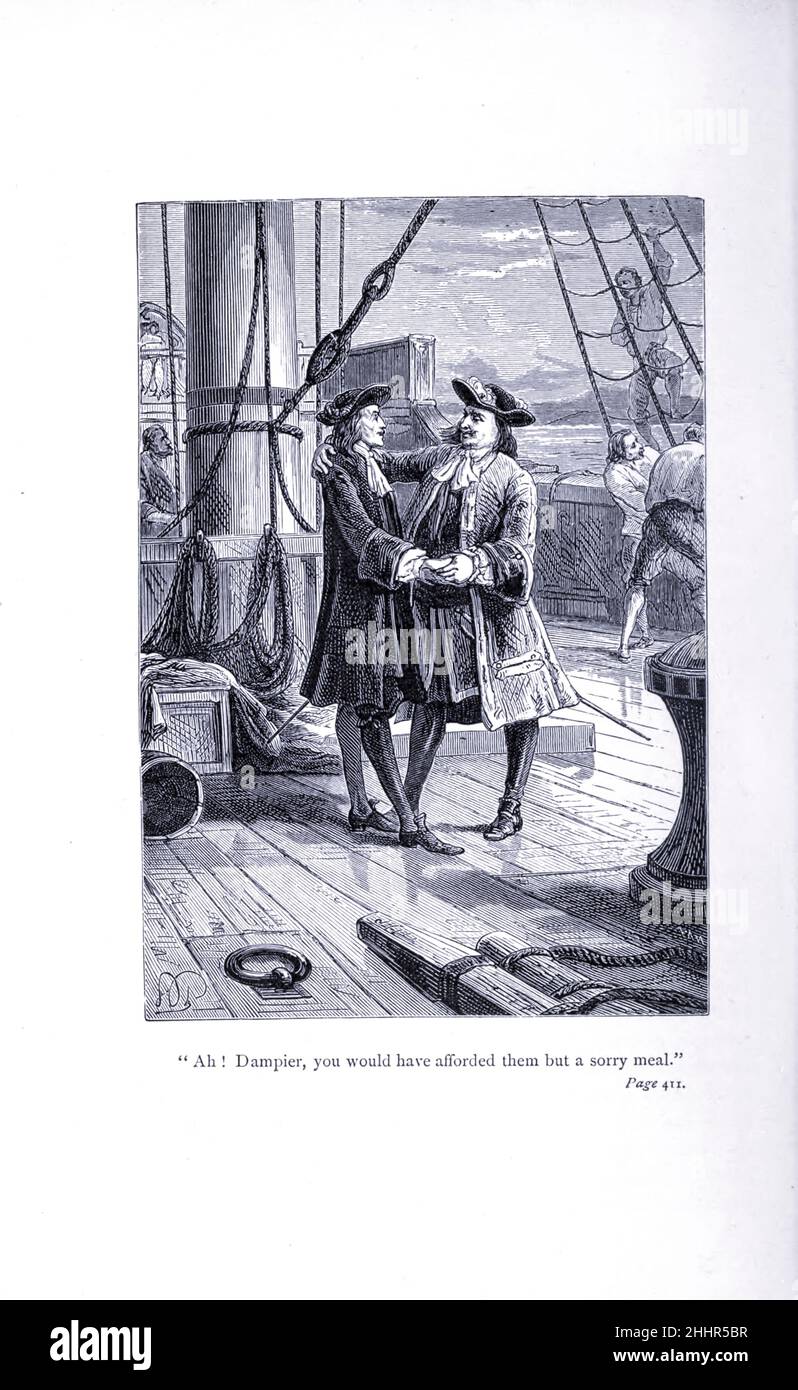 William Dampier (getauft am 5. September 1651; gestorben am 1715. März) war ein englischer Entdecker, Pirat, Freibeuter, Seefahrer und Naturforscher, der als erster Engländer Teile des heutigen Australien erforschte und als erster die Welt dreimal umrundeten. Er wurde auch als Australiens erster Naturhistoriker beschrieben, sowie als einer der wichtigsten britischen Forscher der Zeit zwischen Francis Drake (16th. Jahrhundert) und James Cook (18th. Jahrhundert), Er "überbrückte diese beiden Epochen" mit einer Mischung aus piratischem Derring-Do der früheren und wissenschaftlichen Untersuchung der späteren. Seine Expediti Stockfoto