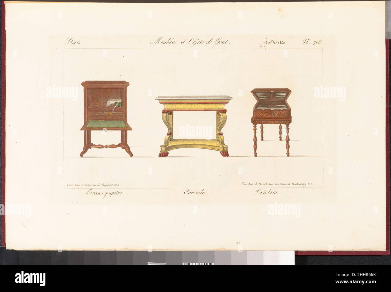Meubles et Objets de Goût [1802–31] Herausgegeben von Pierre de La Mésangère Französisch. Meubles et Objets de Goût 382020 Herausgeber: Herausgegeben von Pierre de La M?sang?re, Französisch, Pontign? 1761?1831 Paris, Autor: Geschrieben und herausgegeben von Co?et, Meubles et Objets de Go?t, [1802?31], Gravur, handfarbig, insgesamt: 16 9/16 x 11 5/8 x 11/16 Zoll (42,1 x 29,5 x 1,8 cm). Das Metropolitan Museum of Art, New York. The Elisha Whittelsey Collection, The Elisha Whittelsey Fund, 1951 (51.579.31-53) Stockfoto